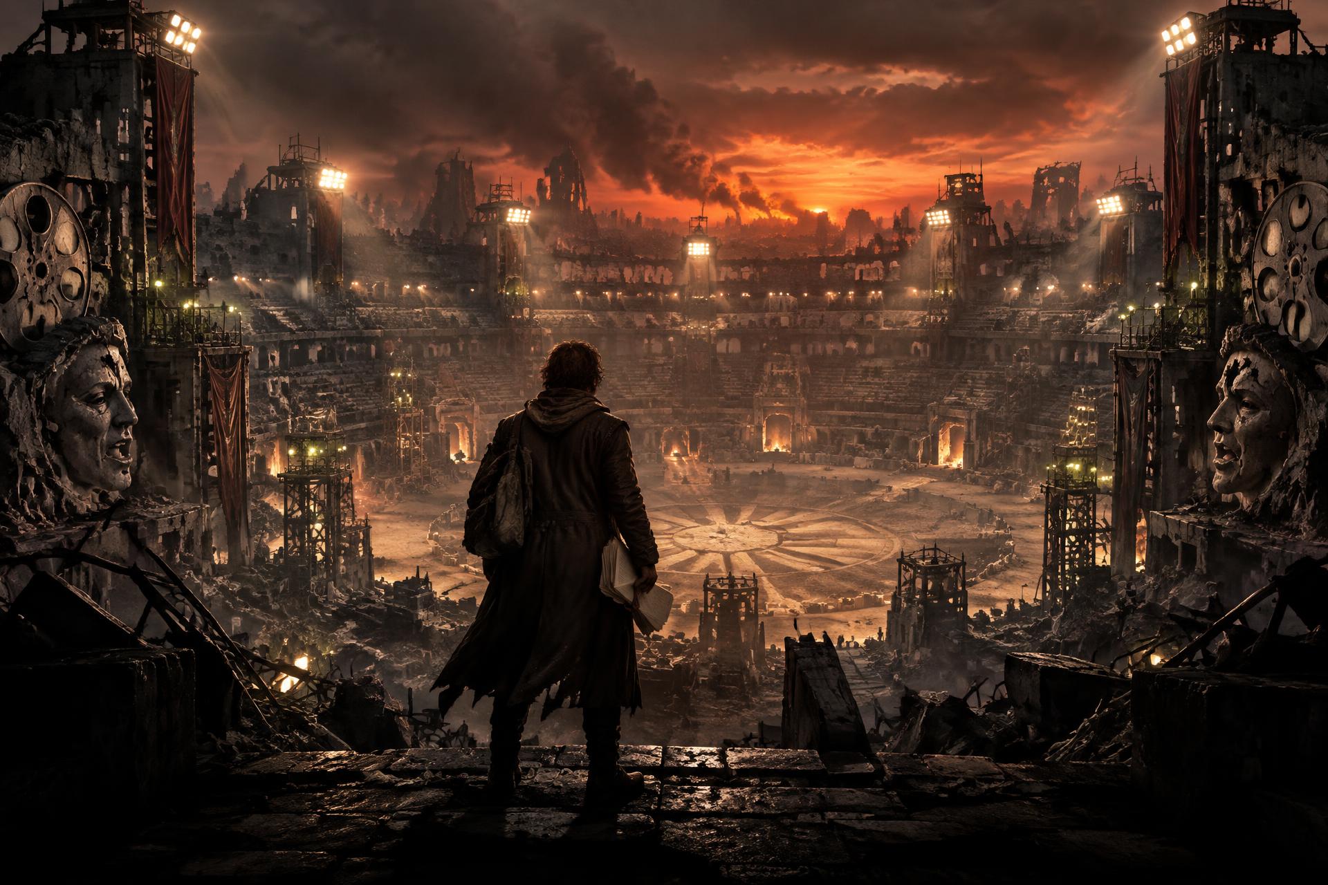 A writer stands at the entrance of a vast Scriptageddon arena